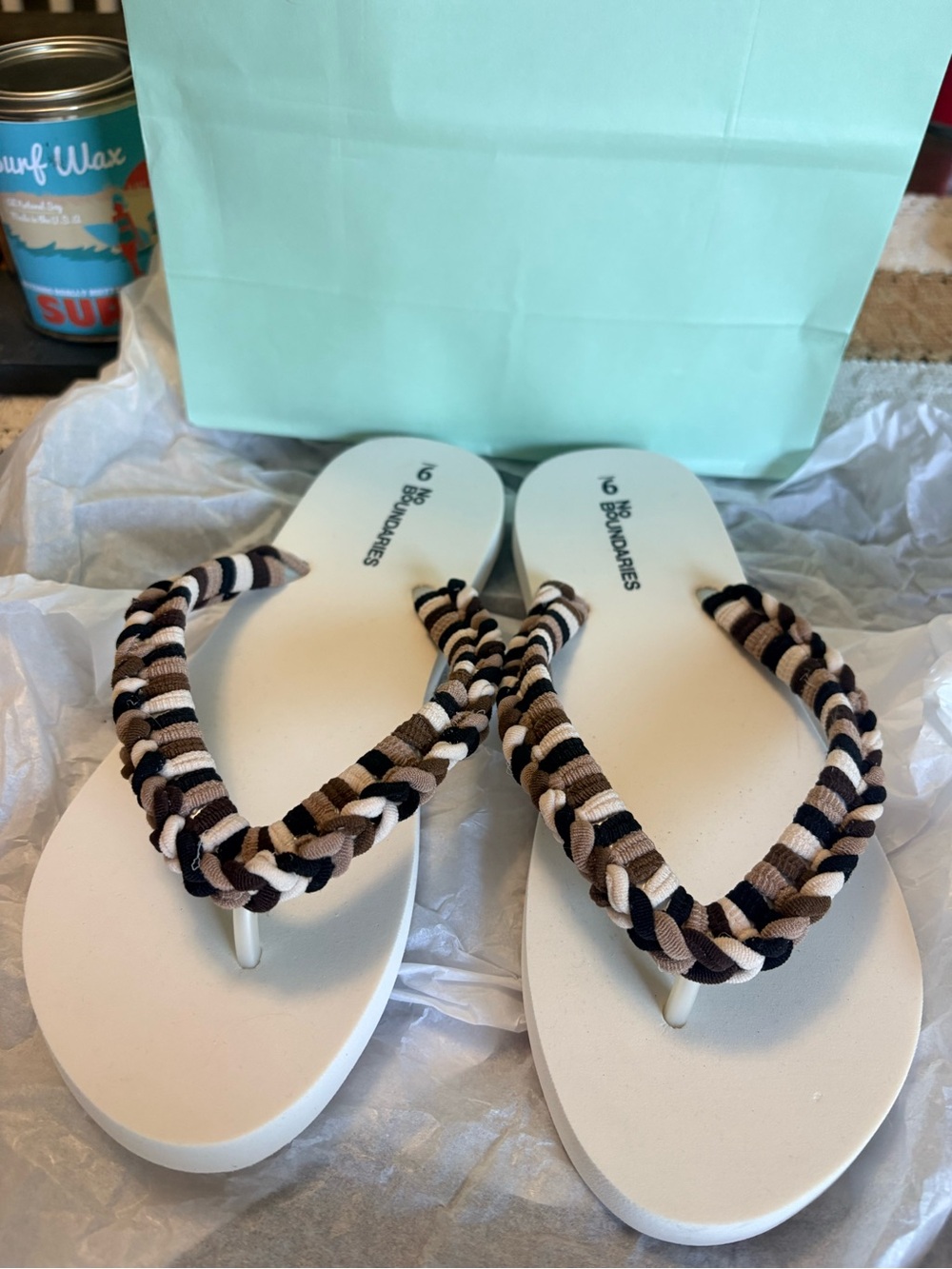 No Boundaries Women’s White Sandals with Braided Black and Brown Straps